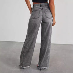 Fashion High Waist Jeans With Pockets Comfortable Slim Fit Straight Wide-leg Pants