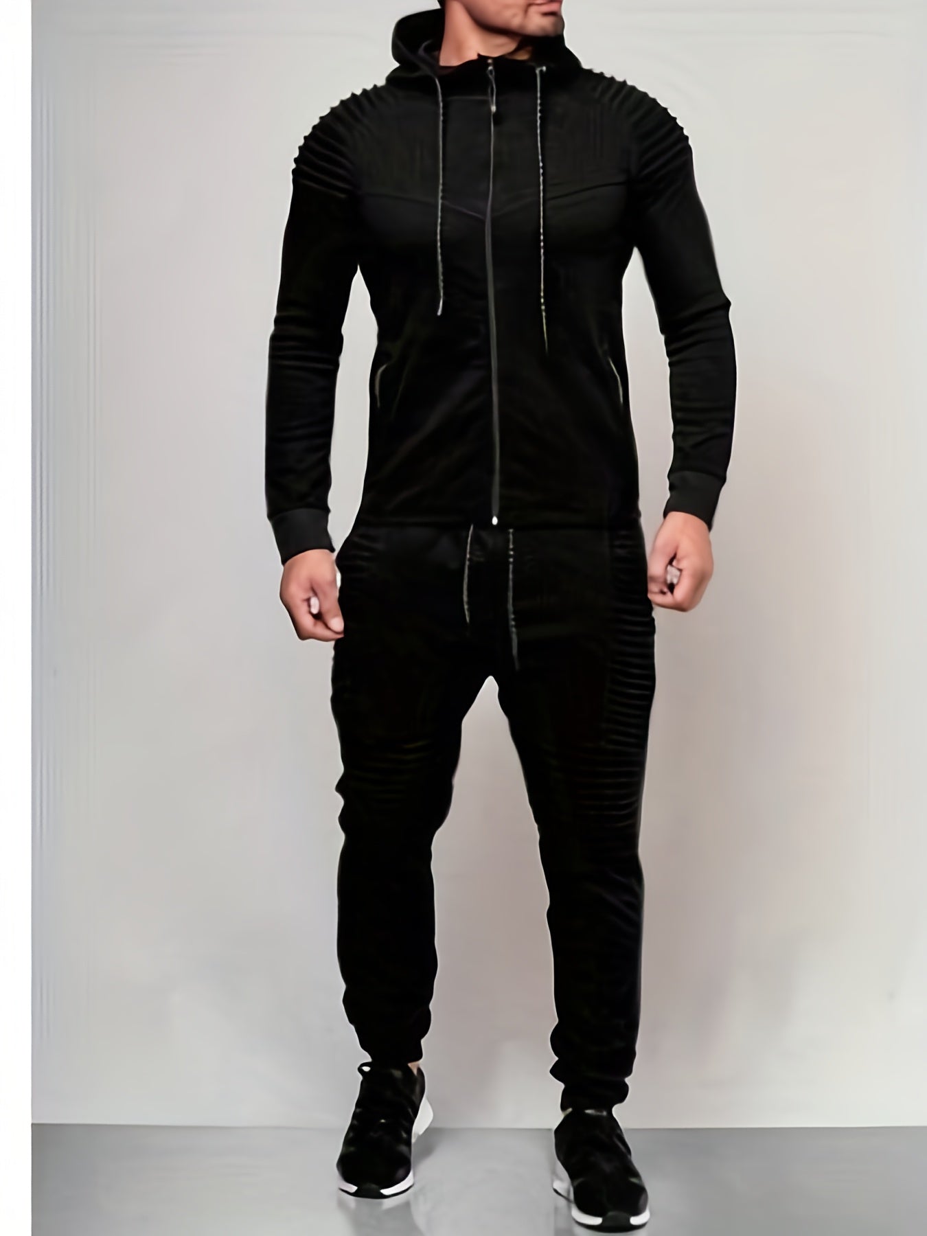 Mens Casual 2PCS Set, Solid Color Long Sleeve Straps Hoodie Zip Pockets Top, Long Loose Drawing Straps Pants, Sweatsuits