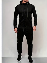 Mens Casual 2PCS Set, Solid Color Long Sleeve Straps Hoodie Zip Pockets Top, Long Loose Drawing Straps Pants, Sweatsuits