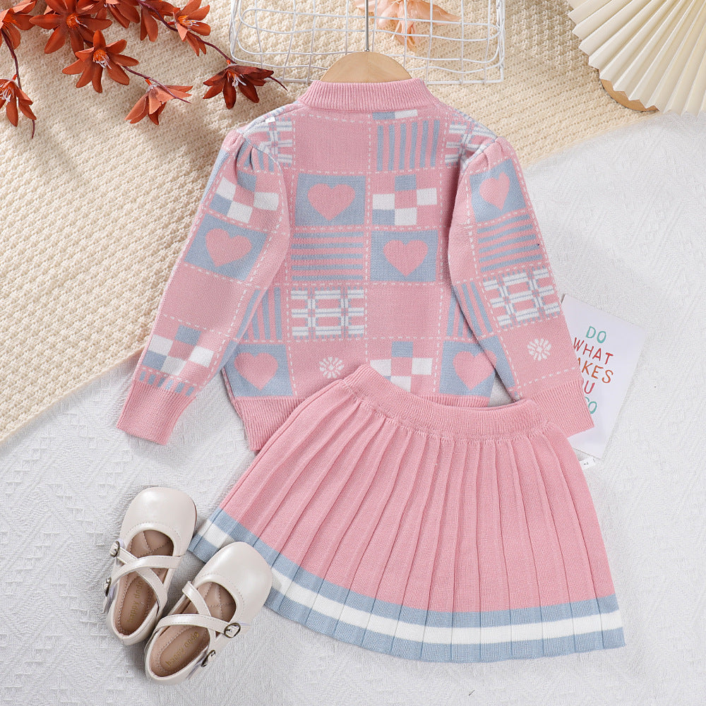 Round Neck Geometric Cartoon Printed Sweater Pleated Skirt Suit