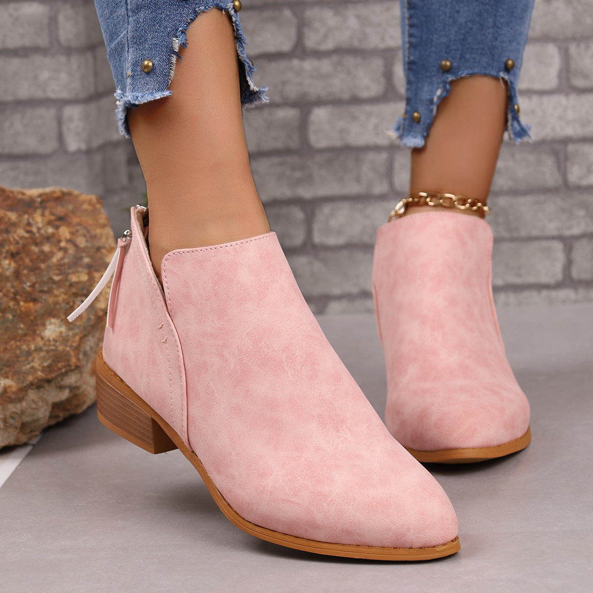 Chunky Heel Pointed Toe Ankle Boots With V-cut Design